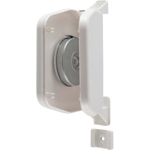 Weißer Schellenberg Aufschraubwickler Flexo Mini für Rollladengurte, variable Montage.