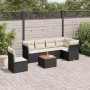 Schwarze 7-tlg. vidaXL Garten-Sofagarnitur aus Rattan mit cremefarbenen Kissen und Akazientisch.