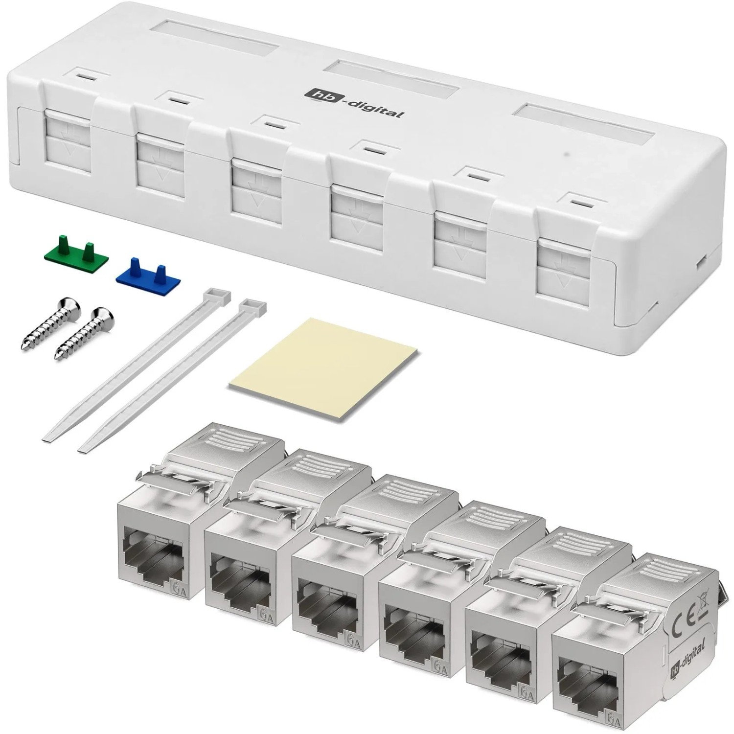 hb-digital Netzwerkdose Aufputz Set Anschlussbox 6 Port mit Keystone Module CAT 6a