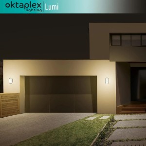 Oktaplex Lumi LED Kellerlampe, anthrazit, 10W, warmweiß, als Außenleuchte an Hauswand.