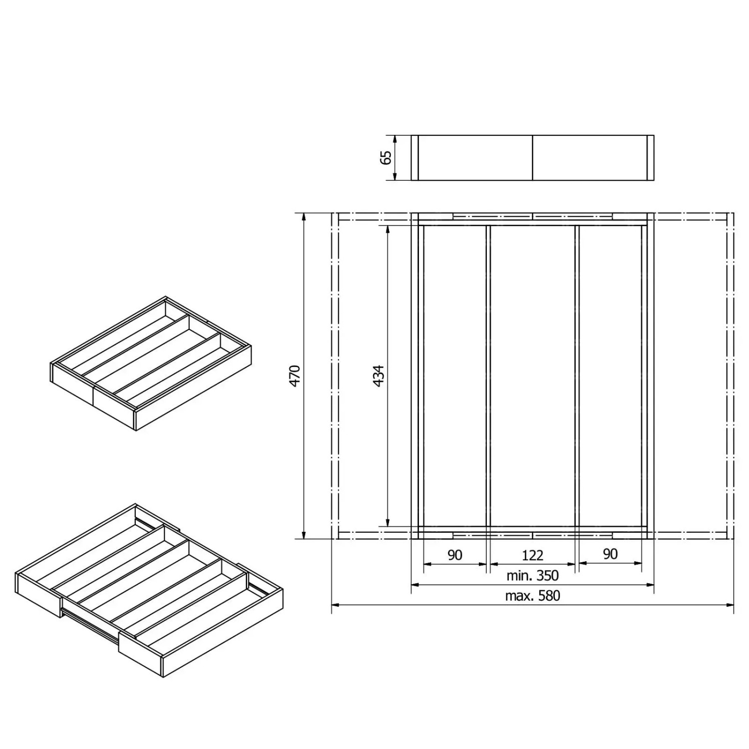 Technische Zeichnung: SOTECH ORGA-BOX UNIVERSAL Besteckkasten aus Bambus, verstellbar für Schubladen. Maße 65x470x350-580mm.