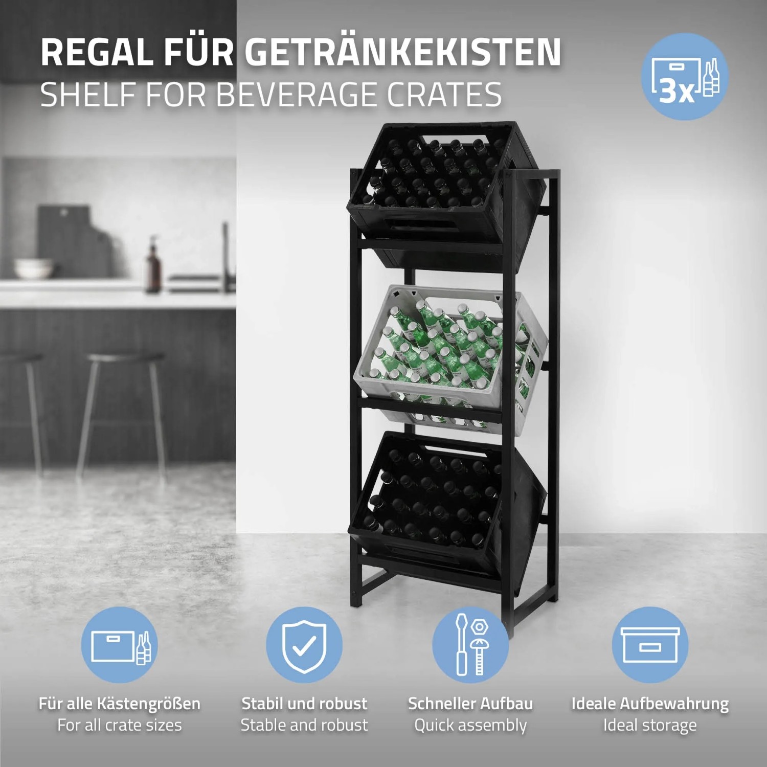 ML-Design Getränkekistenregal aus Stahl für 3 Kisten im modernen Design.