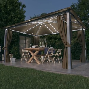 vidaXL Pavillon mit Vorhängen & LED-Lichterkette 400x300 cm Taupe Alu 3070337