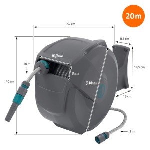 Grauer Ecd Germany Schlauchaufroller 20m mit Automatik-Rückzug und 180° schwenkbarer Wandhalterung.