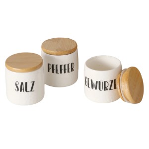 3-teiliges Set Boltze Vorratsdosen für Gewürze, weißes Porzellan mit Bambusdeckel, beschriftet mit Salz, Pfeffer, Gewürze.