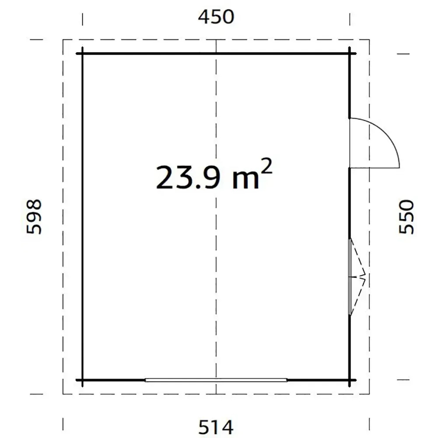 Grundriss der Palmako Holzgarage Roger (450x550cm) ohne Tor, mit Maßen und Tür-/Fensterposition.