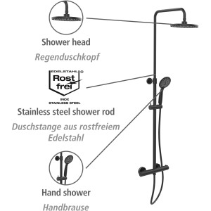 Schwarzes Wenko Duschsystem Young Eco mit Thermostat, Regendusche und Handbrause.