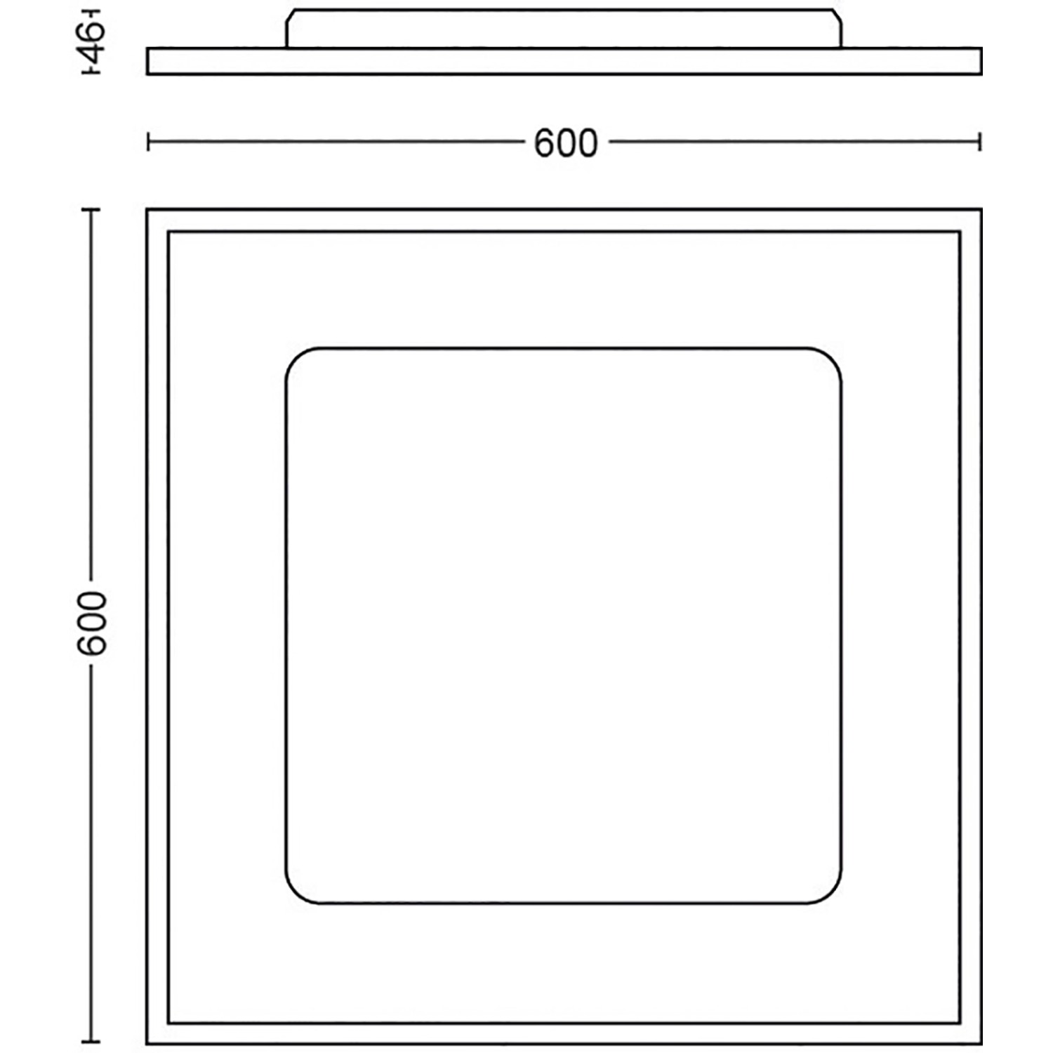 Technische Zeichnung der eckigen Philips Hue Aurelle LED Deckenleuchte, 60x60 cm, mit Maßangaben.