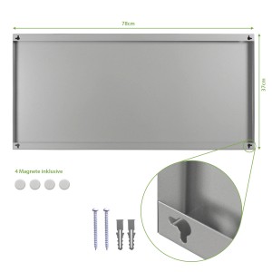 Banjado Magnettafel 78x37cm, silberne Magnetwand aus Metall mit 4 Magneten und Montagematerial.