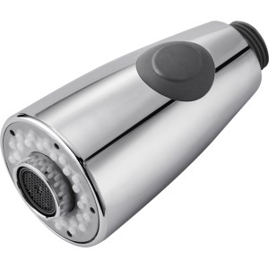 Verchromte Ersatz-Geschirrbrause mit grauem Knopf und Standard-Anschluss.