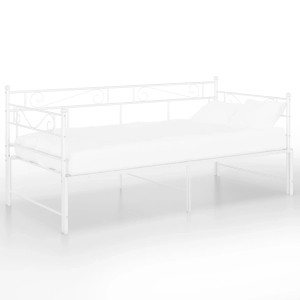 Weißes vidaXL Ausziehsofa Bettgestell aus Metall, 90x200 cm, mit Lattenrost und Seitengeländer.