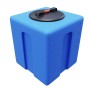 Blauer 60L Kubus Trinkwasser Wassertank aus PE mit schwarzem Deckel und Füllstandsanzeige.