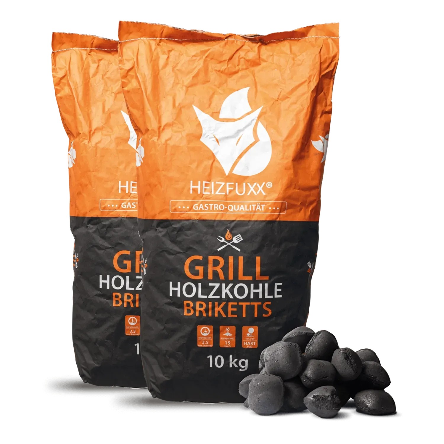 Zwei Säcke Heizfuxx Grillholzkohlebriketts, je 10kg, mit Briketts im Vordergrund.