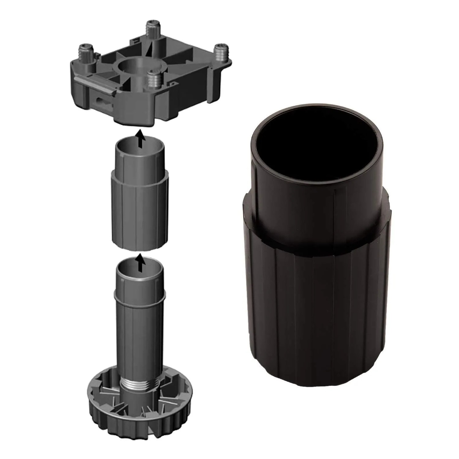 SOTECH 4er Set schwarze Sockelfußverlängerung 50 mm. Montageanleitung und Produktansicht für Möbelbeine.