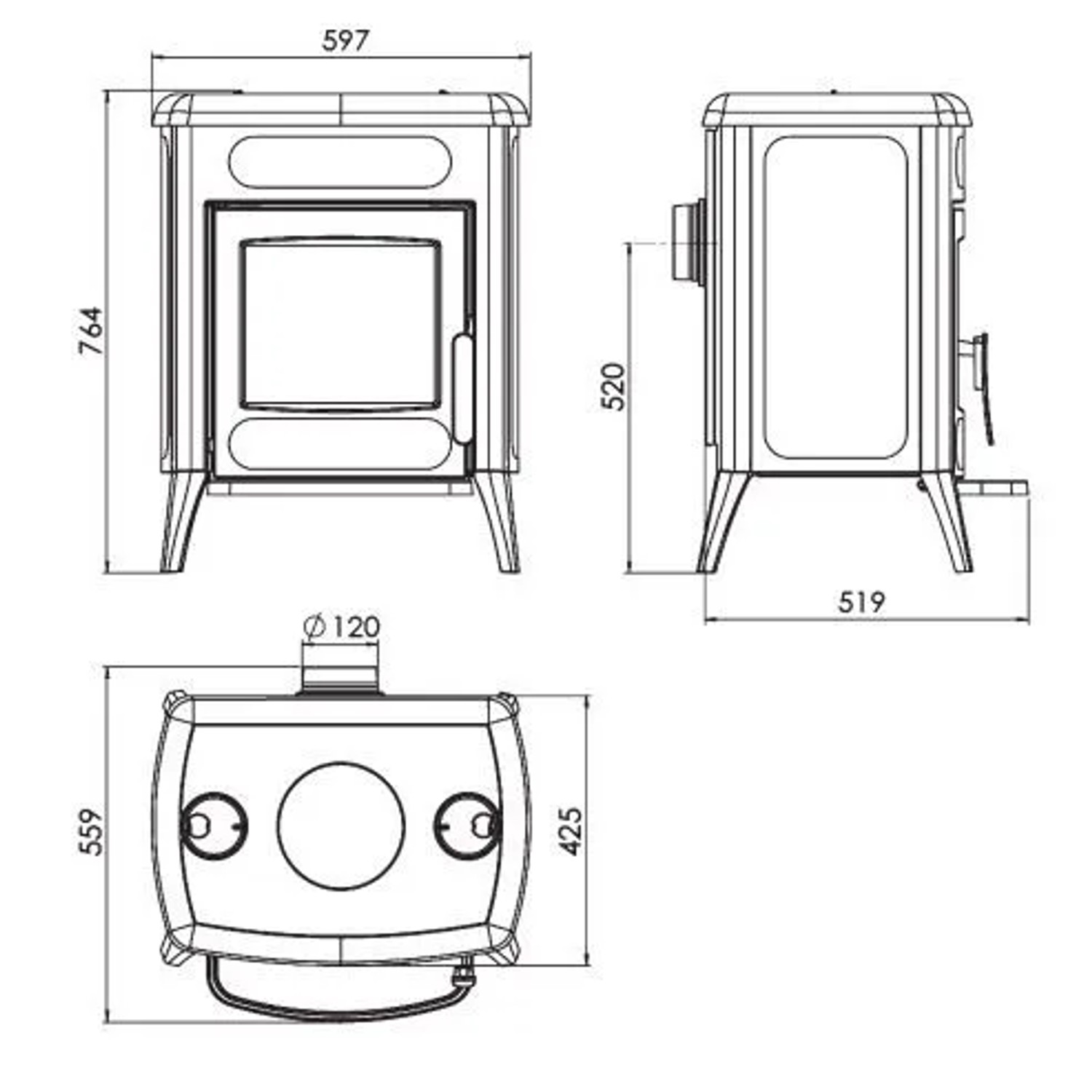 Technische Zeichnung Plamen Gusskaminofen Amity 3 mit Herdplatte, Maße und Details.