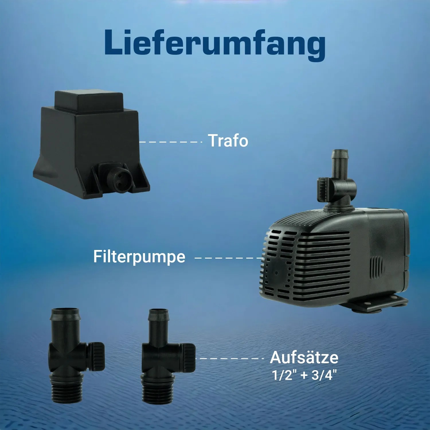 Lieferumfang Kerry Electronics Teichpumpe: Pumpe, Trafo, 2 Aufsätze. Zubehör für Aquarien & Springbrunnen.
