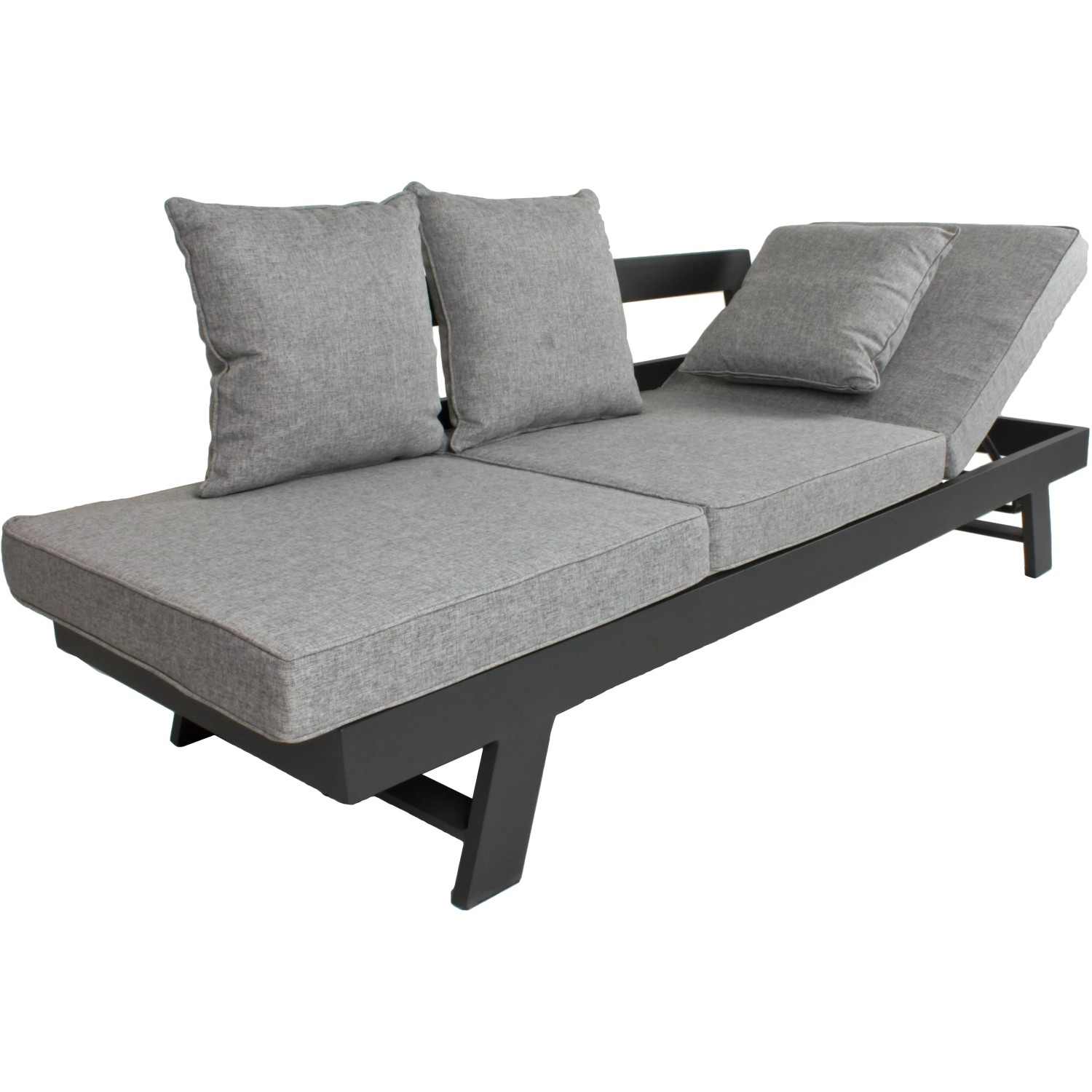Graues Funktionssofa Donna für den Garten mit verstellbaren Sitzelementen und Aluminiumgestell.