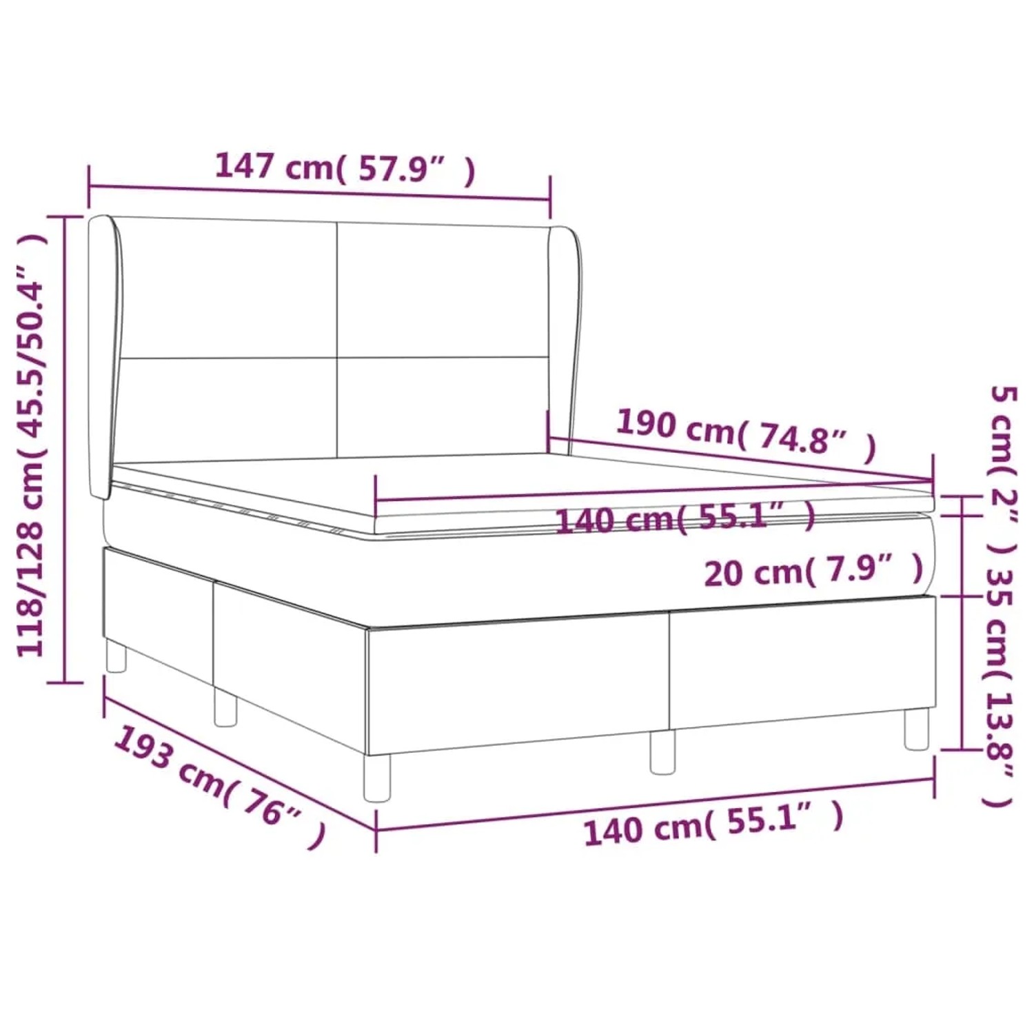 vidaXL Boxspringbett, dunkelgrau, 140x190 cm, Samt. Bett mit Matratze und Kopfteil, Größenangaben.
