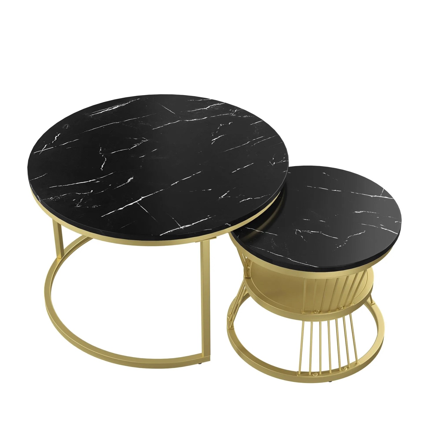 PXloue Satztisch Rund 2er Set Wohnzimmertisch mit Metallrahmen Schwarz