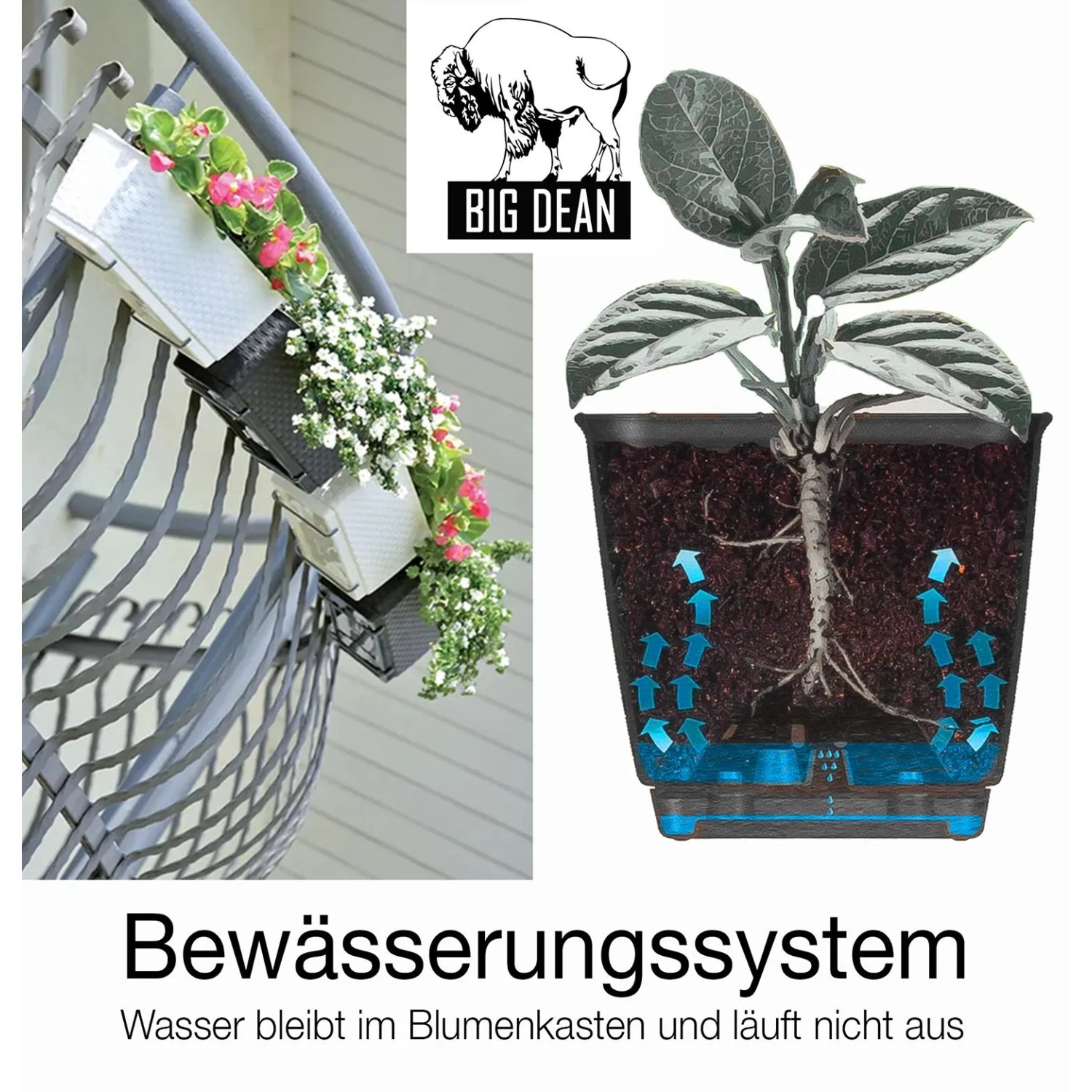 BigDean 4er Set Blumenkästen für Balkon-Geländer Rattan Optik Anthrazit Balkonkästen mit Metall Halterung und Bewässerungssystem_3