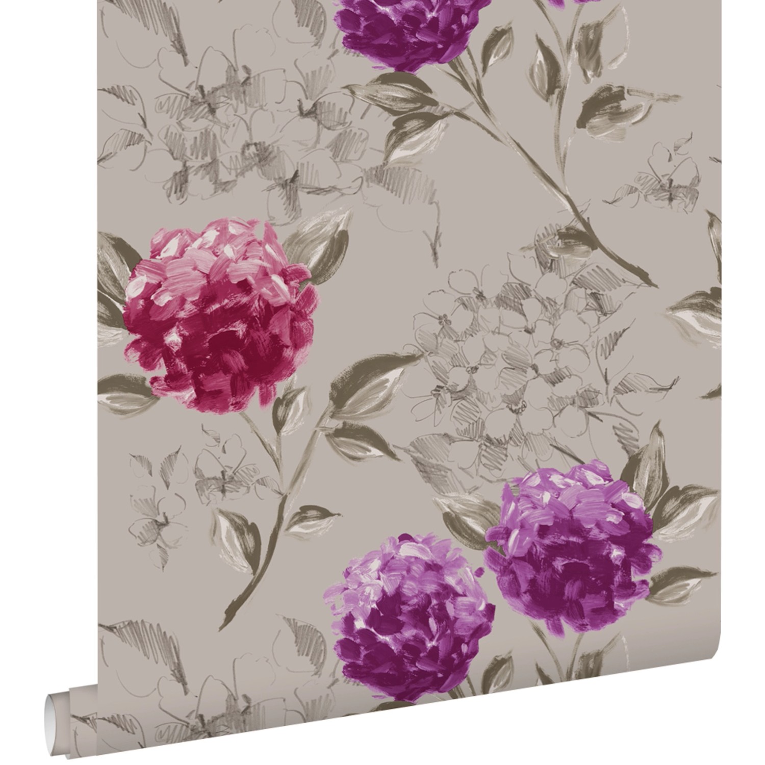 ESTAhome Tapete Hortensien Taupe und Aubergineviolett 53 cm x 10,05 m 12802 günstig online kaufen