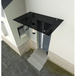 Graues Glasvordach 120x90 cm mit Edelstahlhalterung am Hauseingang.