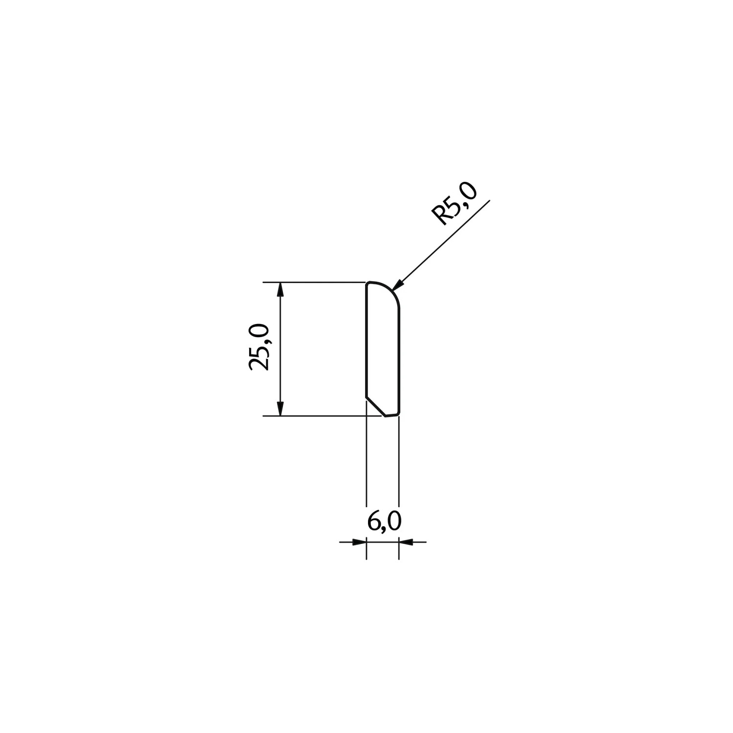 Technische Zeichnung Egger Abdeckleiste Decowall AL001, Maße: 25 x 6 mm, Radius 5 mm.