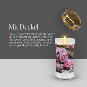 Grabkerze Pfingstrose Rosa mit Deckel, 72h Brenndauer. Kerze mit Rosenmuster und goldenem Deckel.