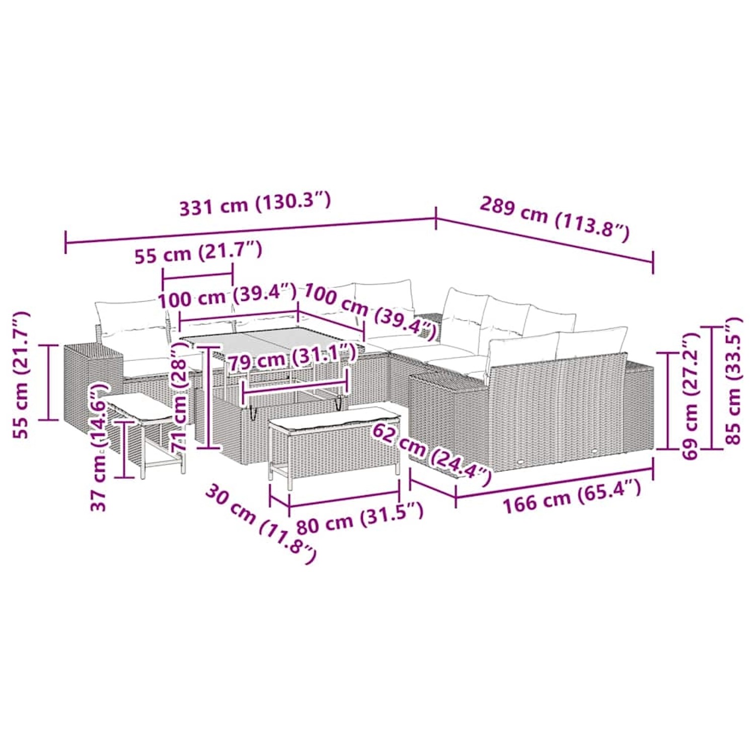vidaXL Garten-Sofa-Set, 13-teilig, schwarz, Poly Rattan, mit Maßen. Ideal für Terrasse und Garten.