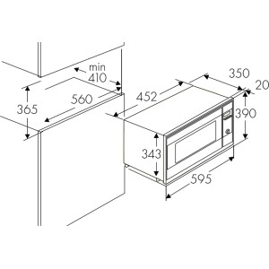 Skizze der Wolkenstein Einbau-Mikrowelle WMW800-20GB EB mit Maßangaben für den Einbau.