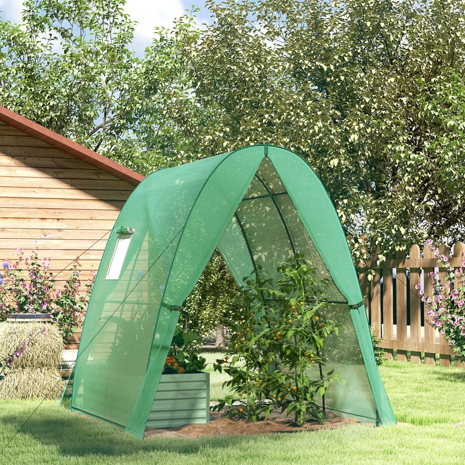 Outsunny Gewächshaus mit Rolltür, Stahlrahmen, 180x180x200cm, im Garten.