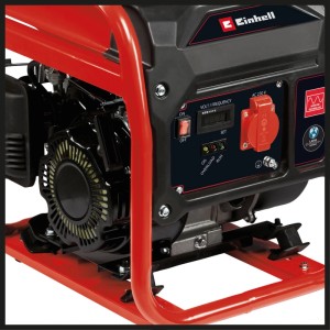 Einhell Notstromaggregat TC-IG 1100: Roter Rahmen, schwarzer Motor, Bedienfeld mit 230V Steckdose, Schalter und Display.