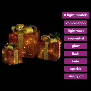 Drei beleuchtete rote Geschenkboxen mit goldenen Schleifen, aus Textilgewebe, für Weihnachtsdekoration innen & außen.