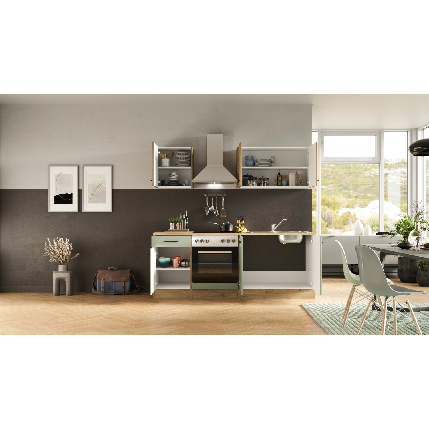 Flex-Well Küche Cara in Schilfgrün/Artisan Eiche, 210 cm breit, mit E-Geräten und Spüle.