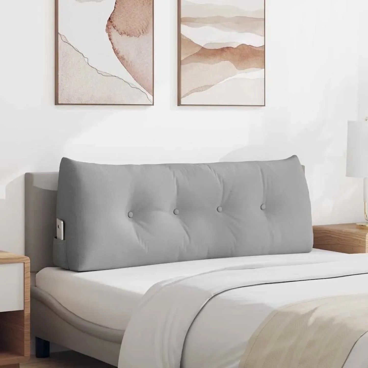 vidaXL Rückenkissen Wolkengrau, 120 cm, auf Bett. Ergonomisches Stoffkissen mit Knöpfen und Tasche für Schlafzimmer.