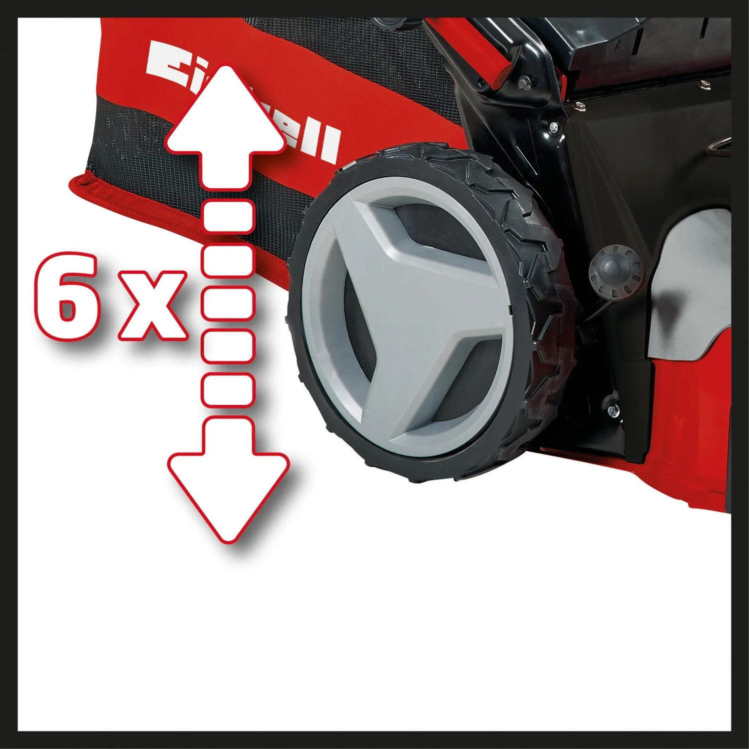 Detailaufnahme: Einhell GC-PM 56/2 S HW Benzin-Rasenmäher mit 6-fach Schnitthöhenverstellung.