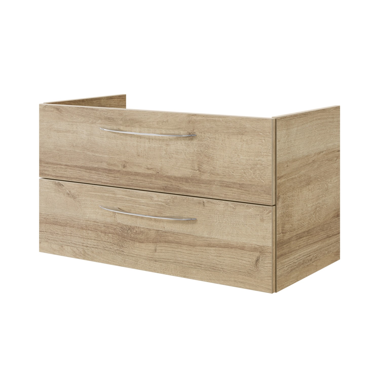 Pelipal Waschtischunterschrank in Riviera Eiche mit zwei Schubladen und Griffen.