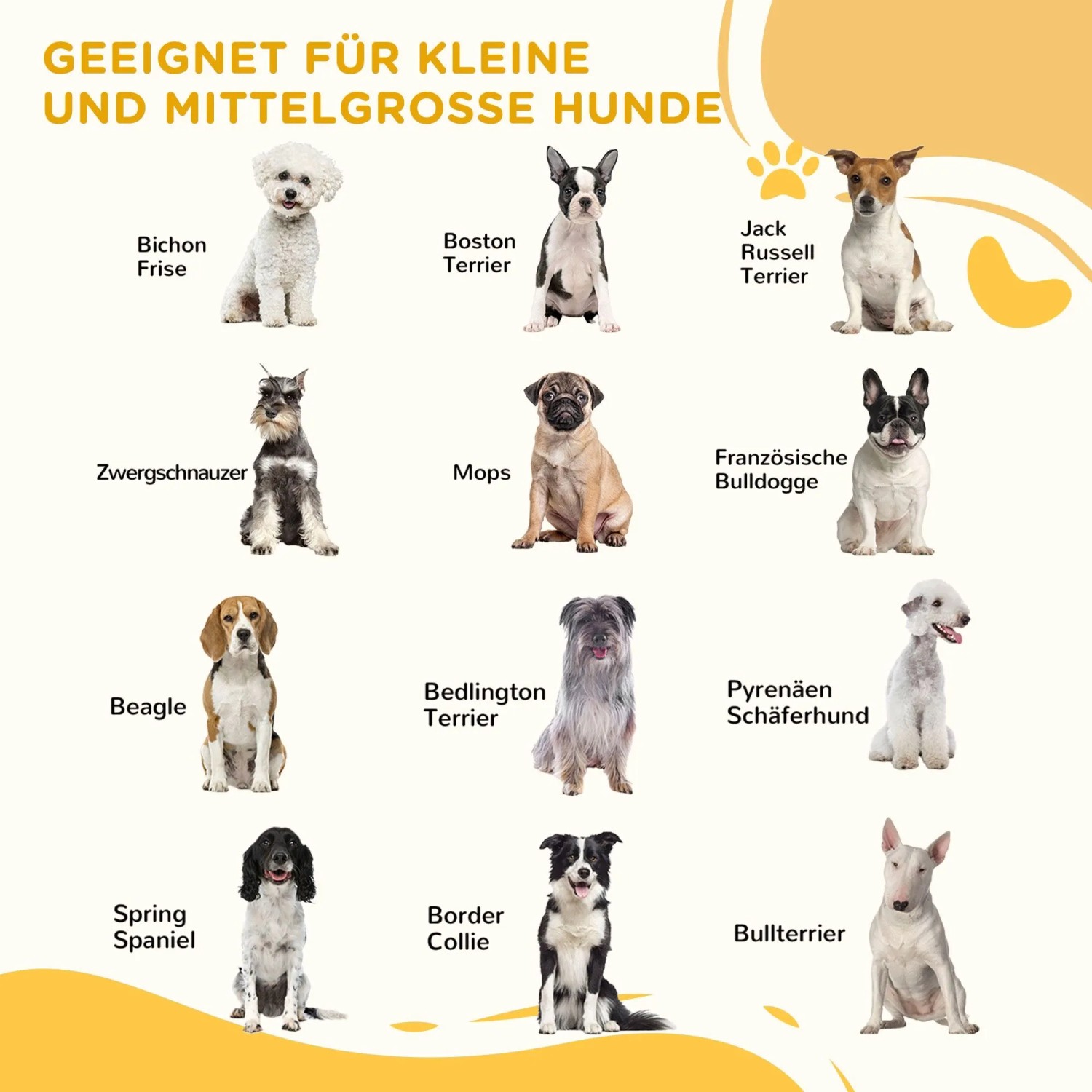 PawHut Absperrgitter: Beispiele kleiner und mittelgroßer Hunderassen wie Mops, Beagle, Terrier, für die das Hundegitter passt.