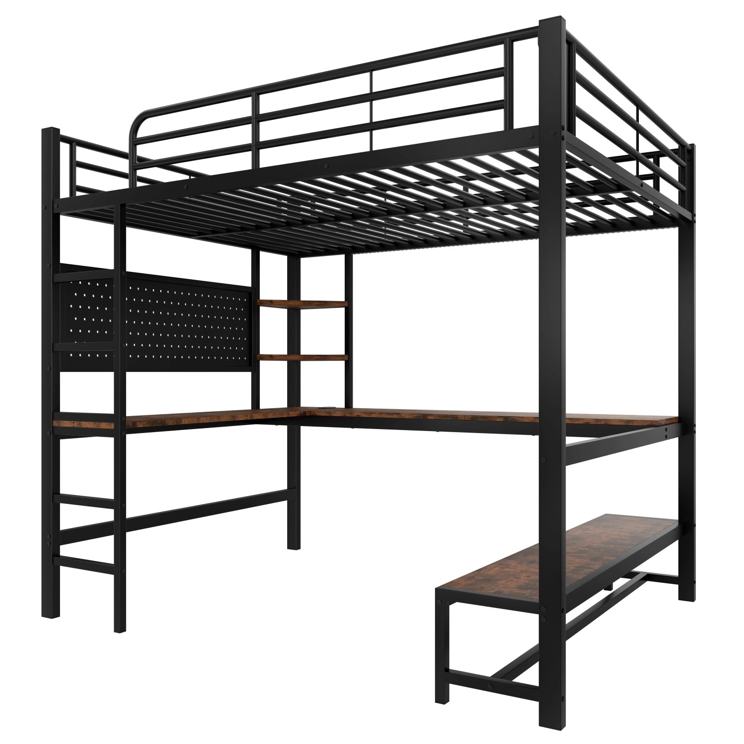 okwish Hochbett 140x200cm mit Schreibtisch und LED Leiste Schwarz ohne Matratze