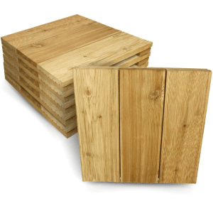 DELUKE Holzfliese Lärchenholz 43x43cm Fliese Geriffelt Terrassenfliese Holz Quadratisch Terrassendiele mit Unterkonstruktion Balkon Bodenfliese