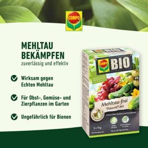 Compo Bio Mehltaufrei Thiovit-Jet, Packung mit 5 Beuteln zur Bekämpfung von Mehltau an Pflanzen.