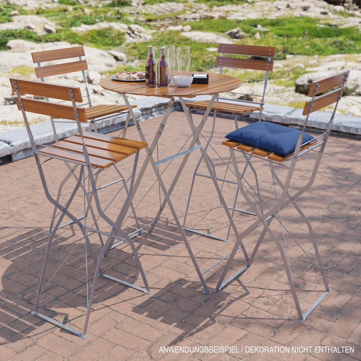 Mojawo Biergarten Klapptisch Set: Akazientisch Ø80cm mit Stahlgestell und 2 Hochstühle.