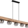 Moderne Globo Pendelleuchte Moitas, 5-flammig, schwarz matt mit Rauchglas-Schirmen und Holzoptik.