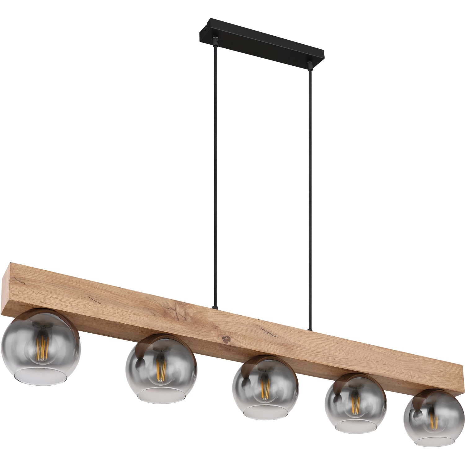 Moderne Globo Pendelleuchte Moitas, 5-flammig, schwarz matt mit Rauchglas-Schirmen und Holzoptik.