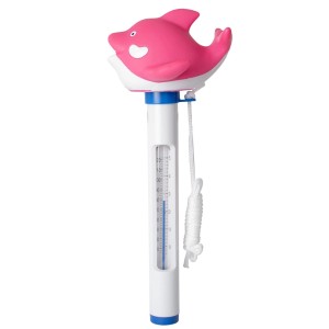 Pinkes Pool Thermometer in Wal-Form mit Grad Celsius und Fahrenheit Anzeige.