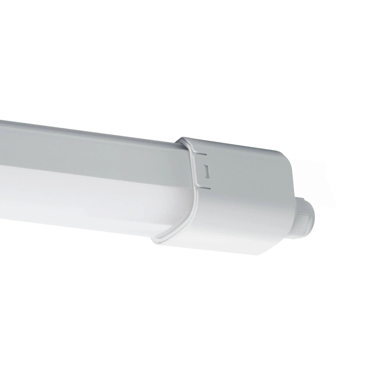 Weiße Eglo LED-Feuchtraumleuchte Slim, 59,5 cm, Detailaufnahme der Endkappe.