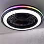 Schwarze LED-Deckenleuchte Palmero mit Ventilator und RGB-Rahmenlicht, Durchmesser 46,6 cm.
