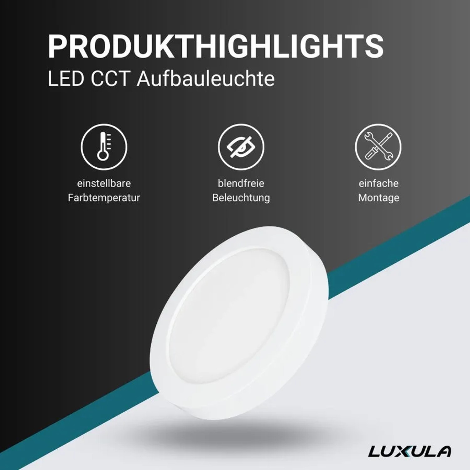Weiße, runde LUXULA LED Aufbauleuchte mit einstellbarer Farbtemperatur. Deckenleuchte / Deckenspot.
