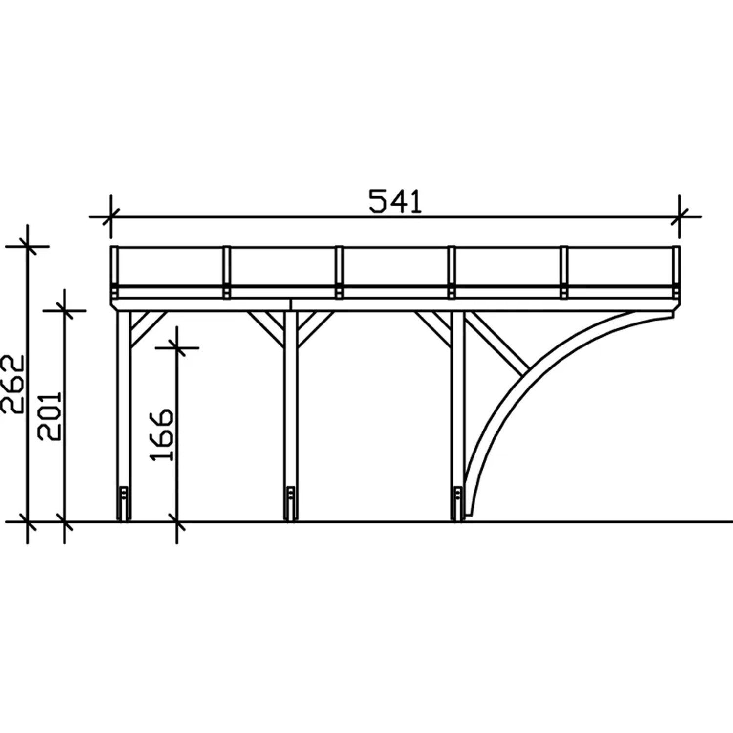 Technische Zeichnung: Skan Holz Carport Eifel, 300x541 cm, Eiche hell, Maße und Konstruktionsdetails.