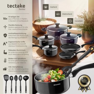 Tectake Kochtopfset Varese, 15-teilig, mit Töpfen, Pfannen und Küchenhelfern aus Aluminium mit Antihaftbeschichtung.
